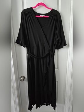 Cato Black Faux Wrap Dress with Ruffle Trim